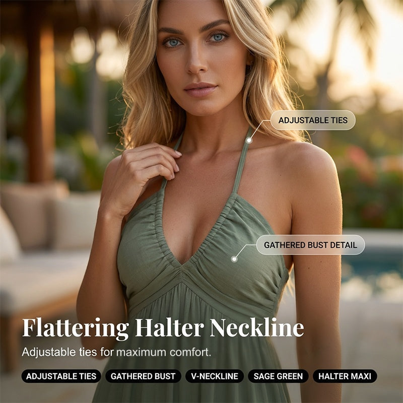 🌴 LIMITED-TIME 50% OFF! 👗 Women's Halter Neck Backless Maxi Dress – Tiered, Flowy, Resort Style 🌺