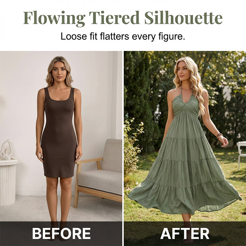 🌴 LIMITED-TIME 50% OFF! 👗 Women's Halter Neck Backless Maxi Dress – Tiered, Flowy, Resort Style 🌺