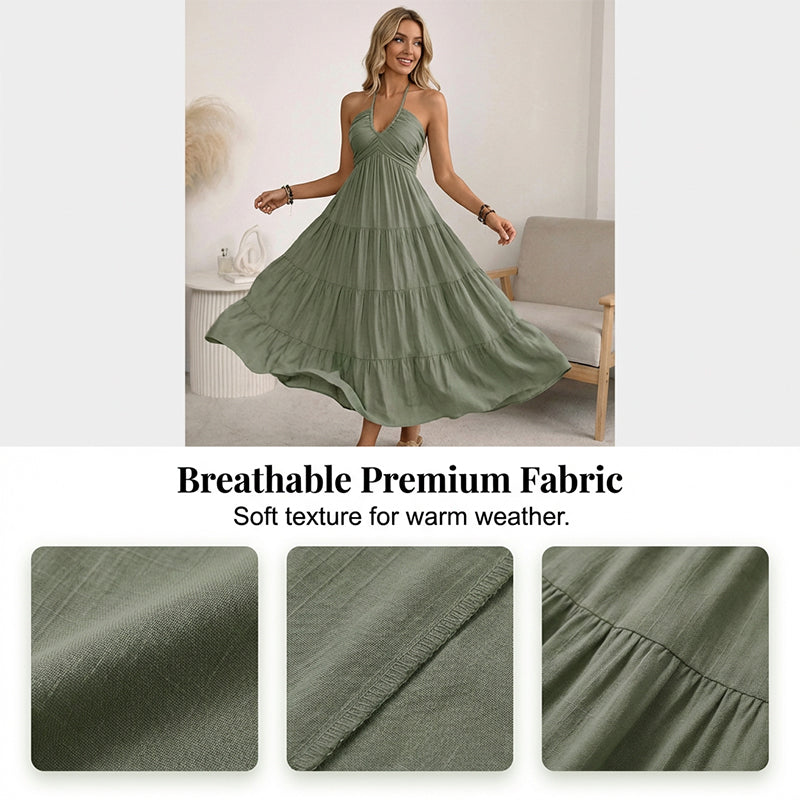 🌴 LIMITED-TIME 50% OFF! 👗 Women's Halter Neck Backless Maxi Dress – Tiered, Flowy, Resort Style 🌺