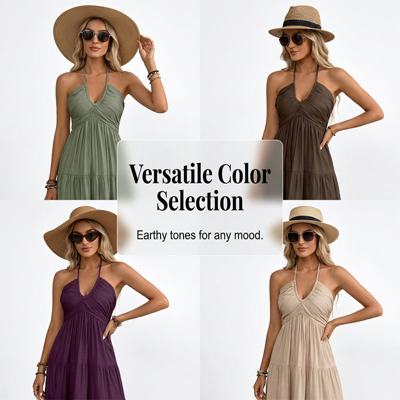 🌴 LIMITED-TIME 50% OFF! 👗 Women's Halter Neck Backless Maxi Dress – Tiered, Flowy, Resort Style 🌺