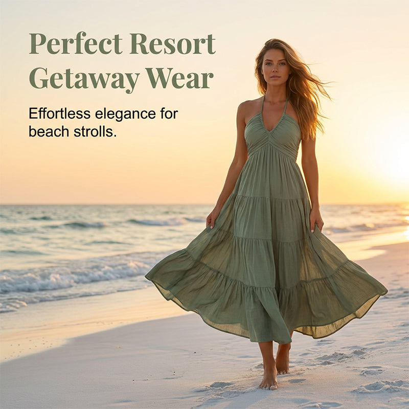 🌴 LIMITED-TIME 50% OFF! 👗 Women's Halter Neck Backless Maxi Dress – Tiered, Flowy, Resort Style 🌺
