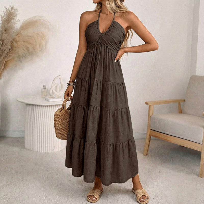 🌴 LIMITED-TIME 50% OFF! 👗 Women's Halter Neck Backless Maxi Dress – Tiered, Flowy, Resort Style 🌺