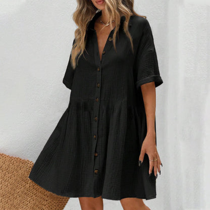 ✨ Babydoll Dress for Women Short Sleeve Button Down Textured Non-clingy Loose Fit Flowy Mini Dress with Pockets 2026 New Summer Dress