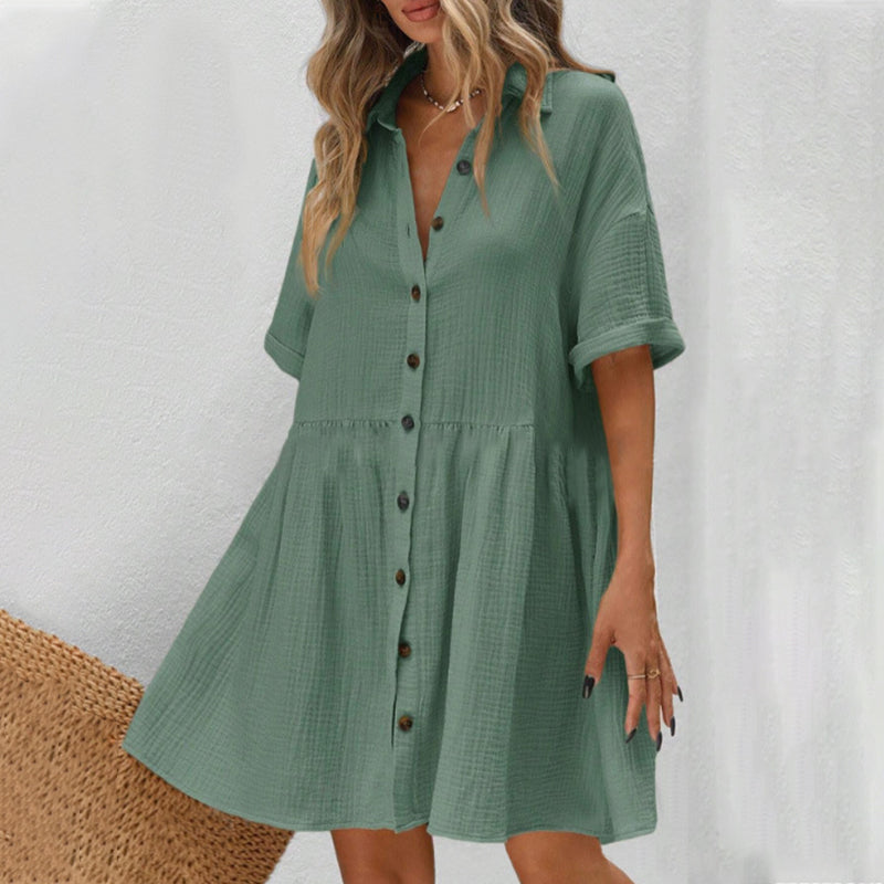 ✨ Babydoll Dress for Women Short Sleeve Button Down Textured Non-clingy Loose Fit Flowy Mini Dress with Pockets 2026 New Summer Dress