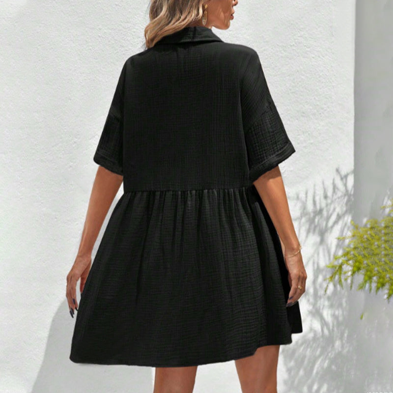 ✨ Babydoll Dress for Women Short Sleeve Button Down Textured Non-clingy Loose Fit Flowy Mini Dress with Pockets 2026 New Summer Dress