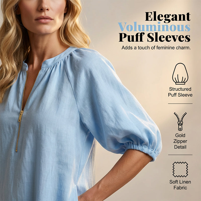 Women's Solid Color Linen-Style Loose Fit Bubble Sleeve Dress