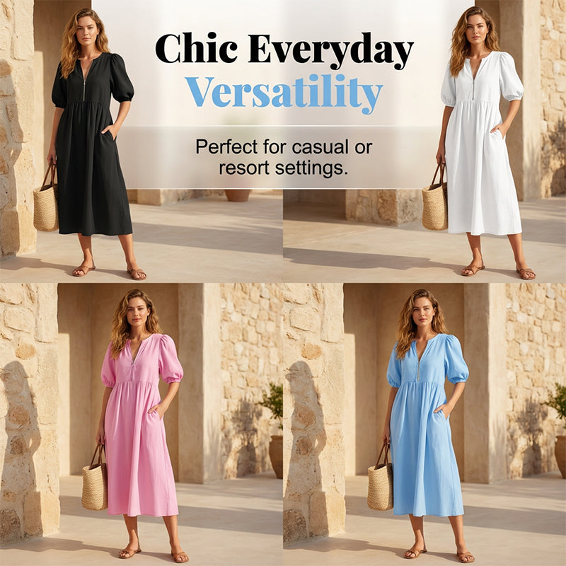 Women's Solid Color Linen-Style Loose Fit Bubble Sleeve Dress