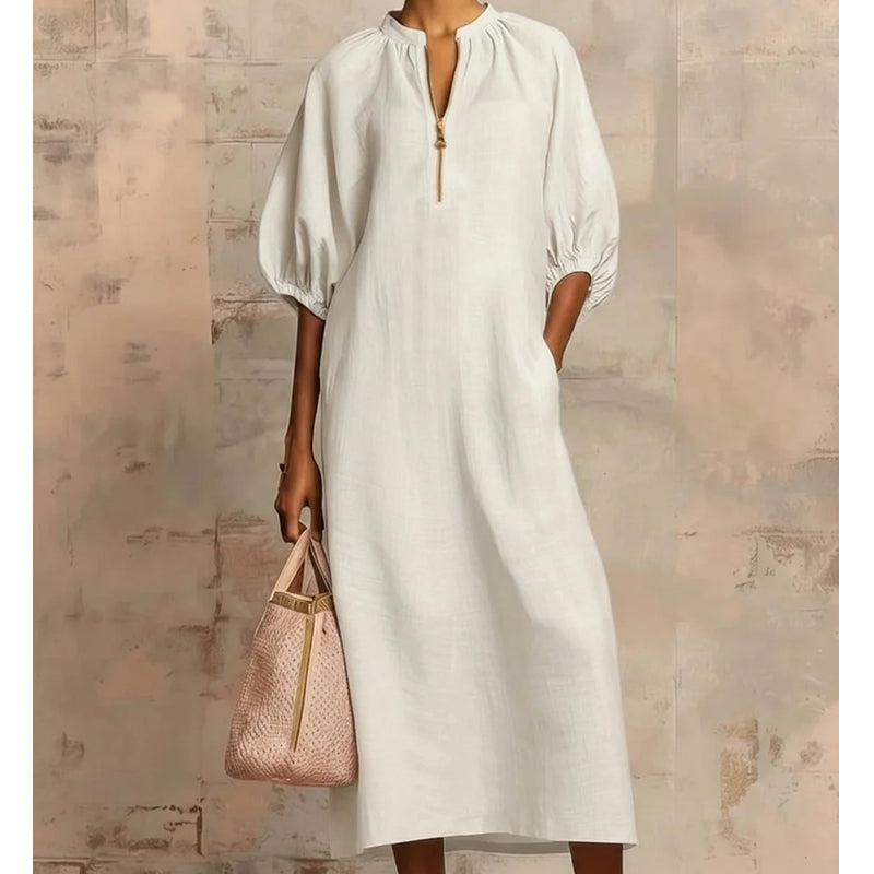 Women's Solid Color Linen-Style Loose Fit Bubble Sleeve Dress