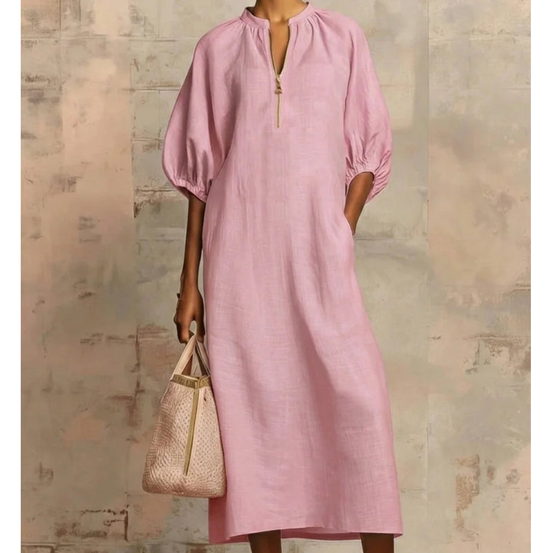 Women's Solid Color Linen-Style Loose Fit Bubble Sleeve Dress