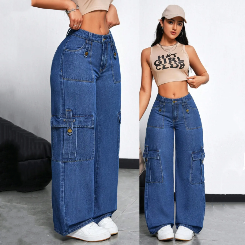🔥While Supplies Last 49% OFF!🎉 High-Waist Denim Cargo Wide-Leg Pants