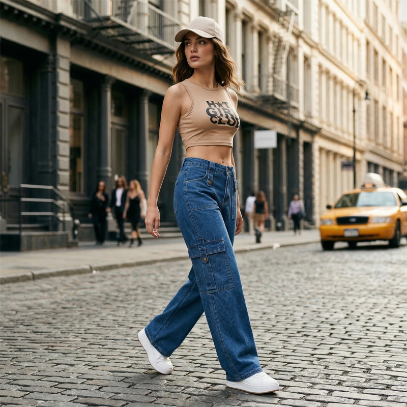 🔥While Supplies Last 49% OFF!🎉 High-Waist Denim Cargo Wide-Leg Pants