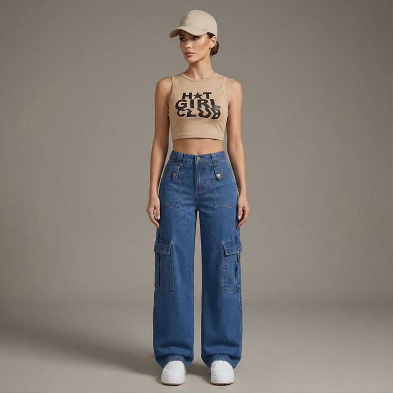 🔥While Supplies Last 49% OFF!🎉 High-Waist Denim Cargo Wide-Leg Pants