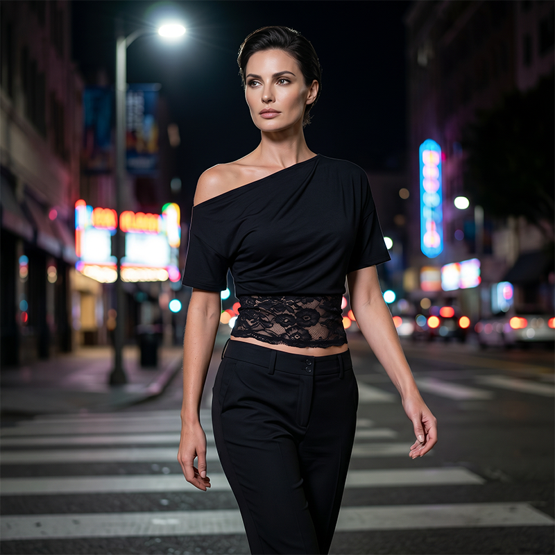 Women's One-Shoulder Lace Patchwork Top