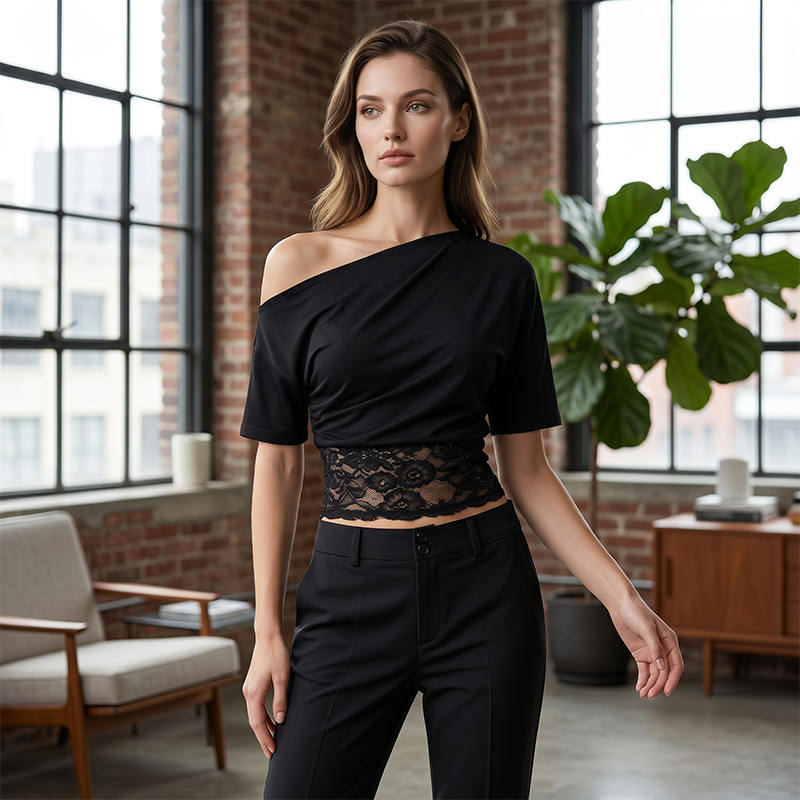Women's One-Shoulder Lace Patchwork Top