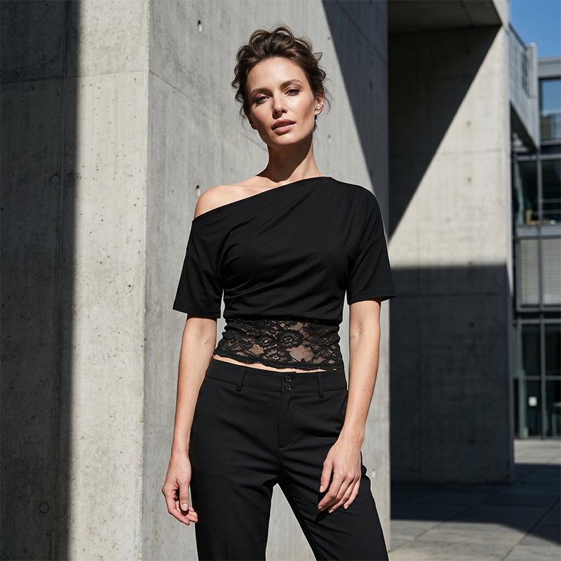 Women's One-Shoulder Lace Patchwork Top