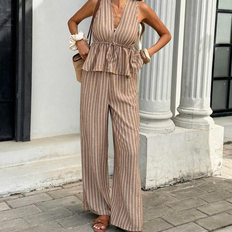 👕 LIMITED-TIME 50% OFF! ✨Women's Striped V-Neck Top & Wide-Leg Pants Set