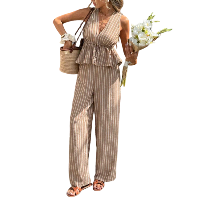 👕 LIMITED-TIME 50% OFF! ✨Women's Striped V-Neck Top & Wide-Leg Pants Set