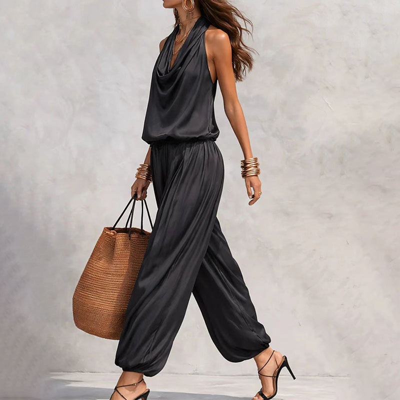 📢📢50% OFF !! ⏰ Sleeveless Cowl Neck Jumpsuit – Halter, Wide-Leg, Elegant 🍷