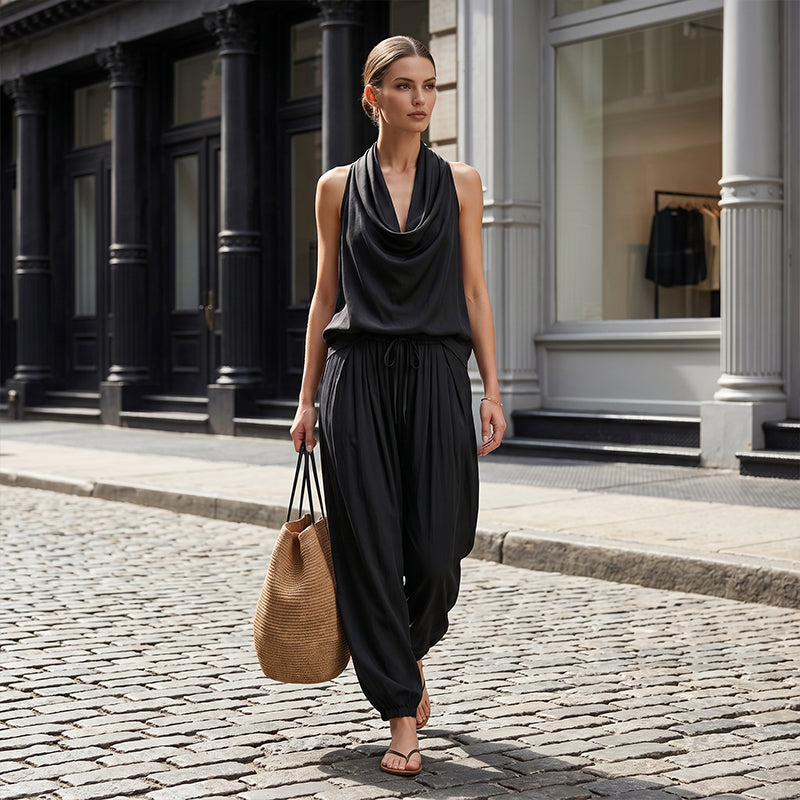 📢📢50% OFF !! ⏰ Sleeveless Cowl Neck Jumpsuit – Halter, Wide-Leg, Elegant 🍷