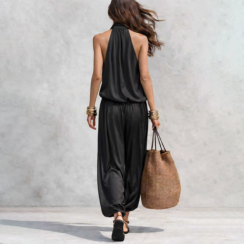 📢📢50% OFF !! ⏰ Sleeveless Cowl Neck Jumpsuit – Halter, Wide-Leg, Elegant 🍷