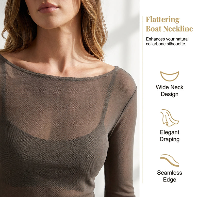 🥇New arrival 49% OFF!🌊Women's Sheer Long Sleeve Boat Neck Top