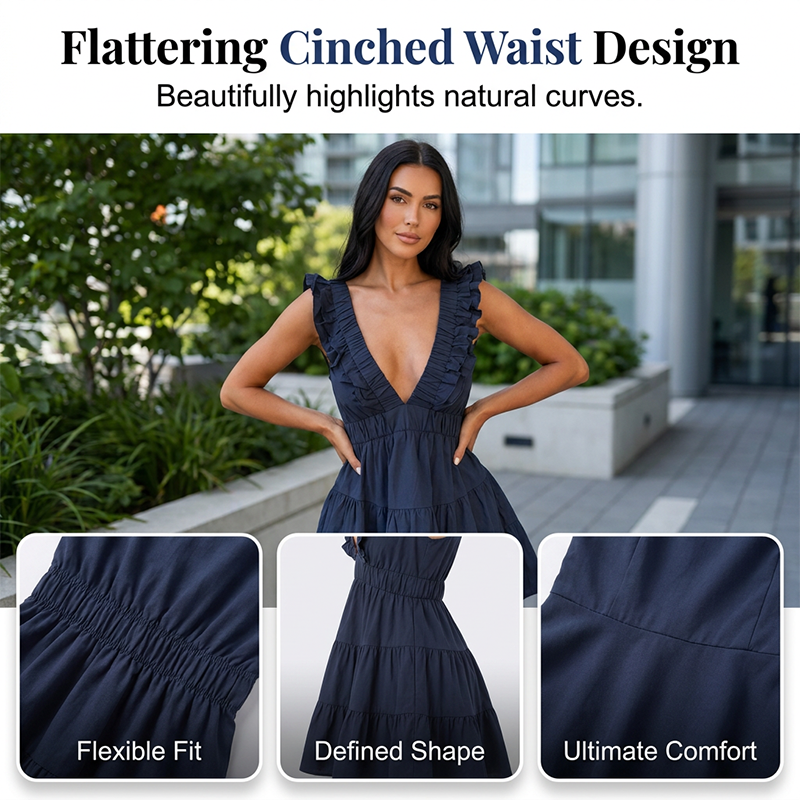 🎁New Arrival 50% OFF💥Women Summer V Neck Sleeveless Ruffle Mini Dress Solid Color Tiered Vest Dress