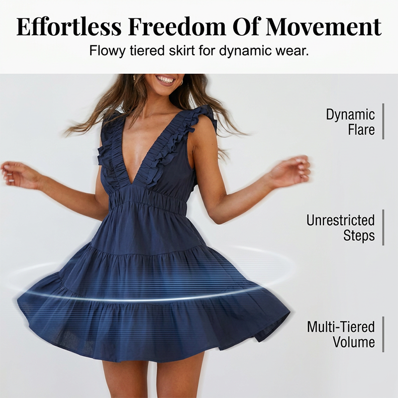 🎁New Arrival 50% OFF💥Women Summer V Neck Sleeveless Ruffle Mini Dress Solid Color Tiered Vest Dress