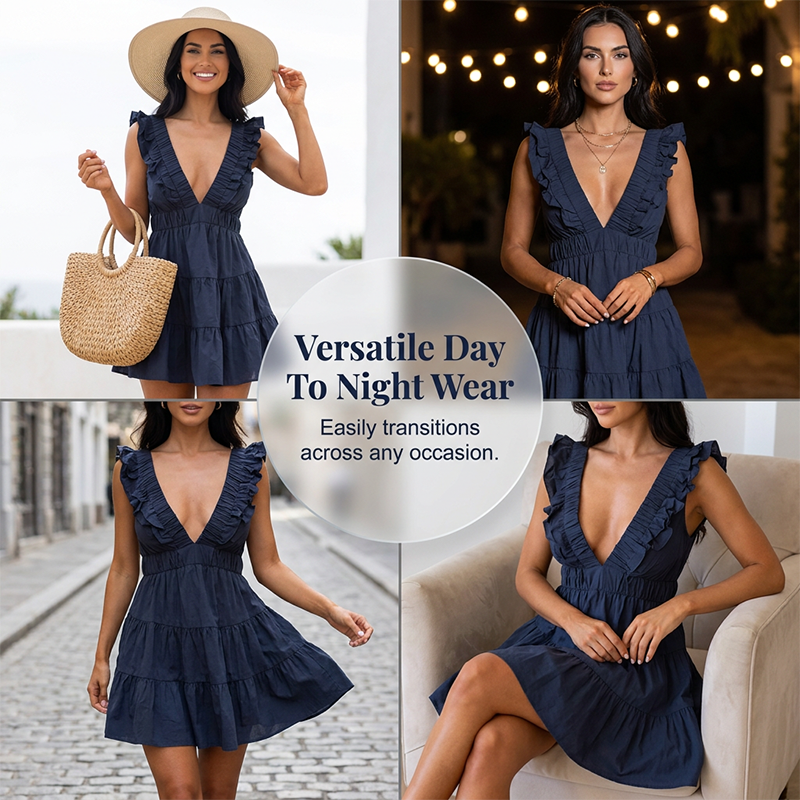 🎁New Arrival 50% OFF💥Women Summer V Neck Sleeveless Ruffle Mini Dress Solid Color Tiered Vest Dress