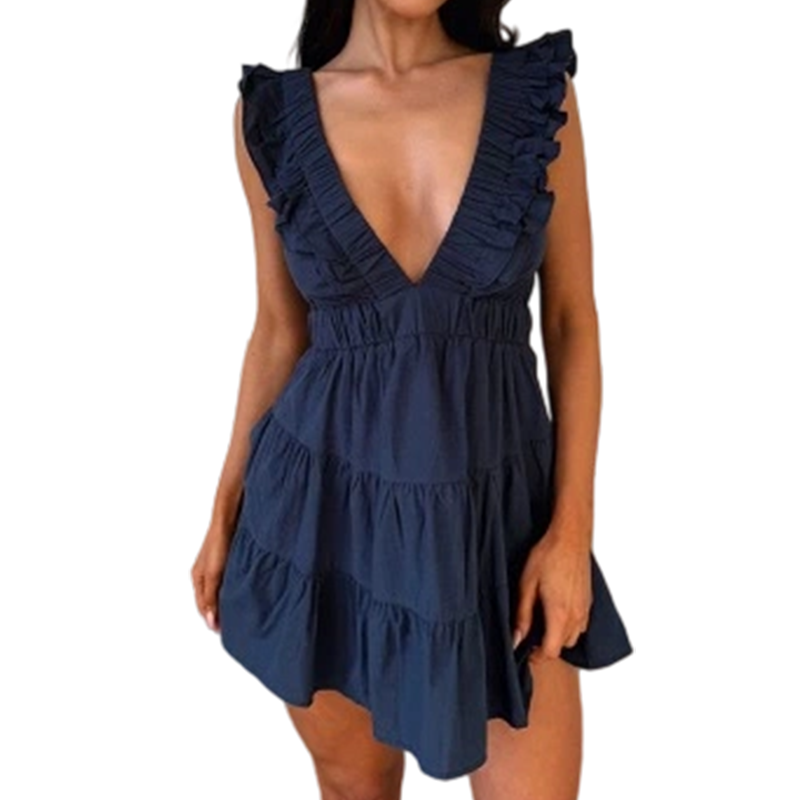 🎁New Arrival 50% OFF💥Women Summer V Neck Sleeveless Ruffle Mini Dress Solid Color Tiered Vest Dress