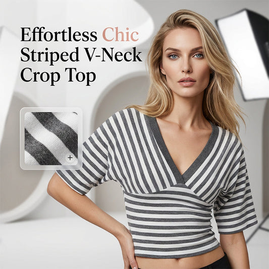 Women's Striped V-Neck Short Sleeve Crop Top
