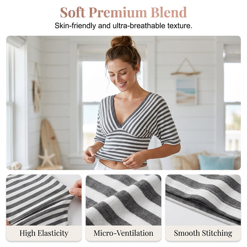 Women's Striped V-Neck Short Sleeve Crop Top