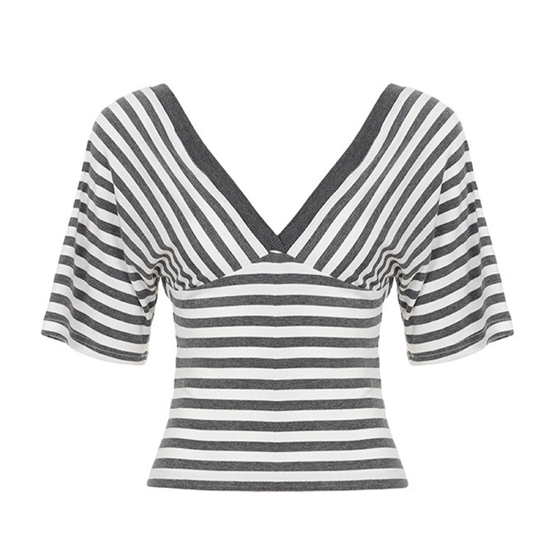 Women's Striped V-Neck Short Sleeve Crop Top