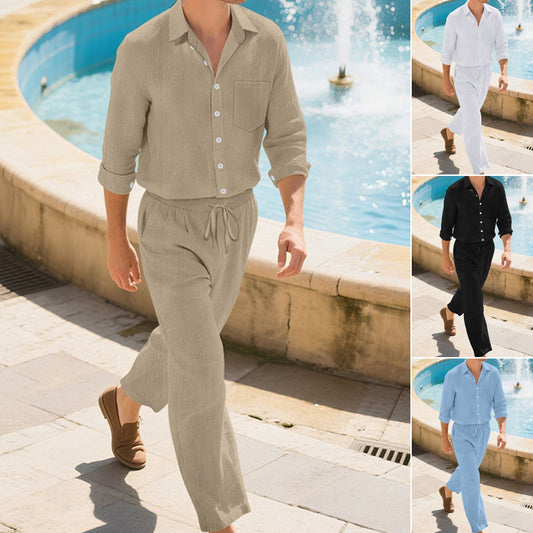📢📢50% OFF !! ⏰Men's Linen Long Sleeve Shirt & Long Pants 2-Piece Set