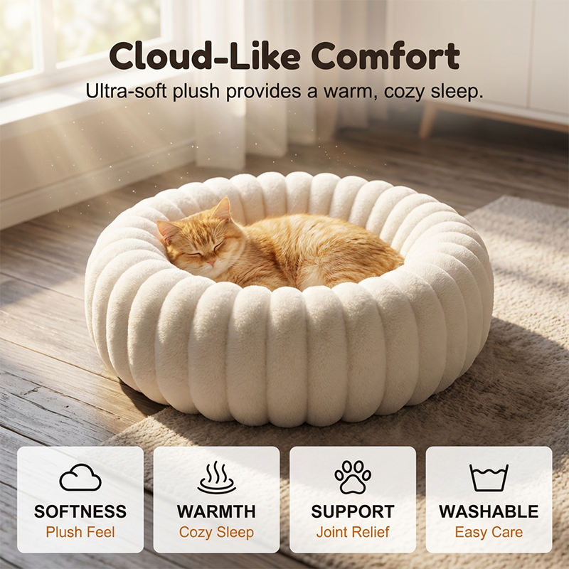 🐾 Cloud-Like Ultra Soft Plush Round Calming Pet Bed, Raised Rim Donut Cat Dog Bed, Joint Relief Warm Cozy Washable Pet Sleeping Cushion