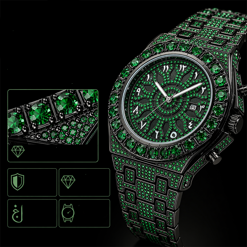 ⌚ Men's Luxury Sparkling Quartz Watch — Diamond-Inlaid Sunray Dial with Fluted Bezel