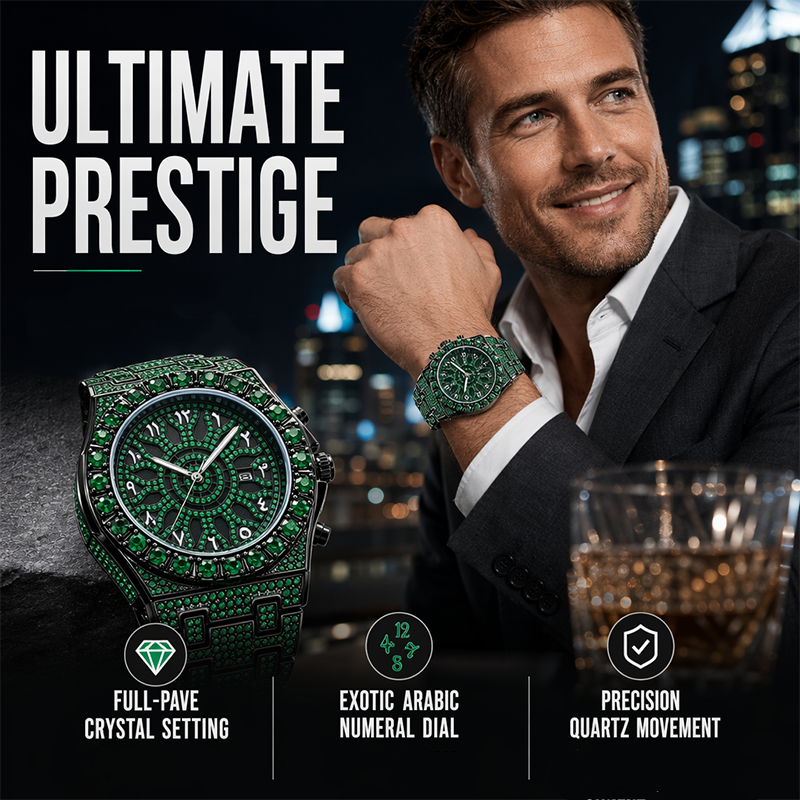 ⌚ Men's Luxury Sparkling Quartz Watch — Diamond-Inlaid Sunray Dial with Fluted Bezel