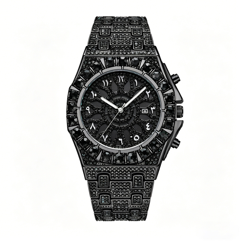 ⌚ Men's Luxury Sparkling Quartz Watch — Diamond-Inlaid Sunray Dial with Fluted Bezel