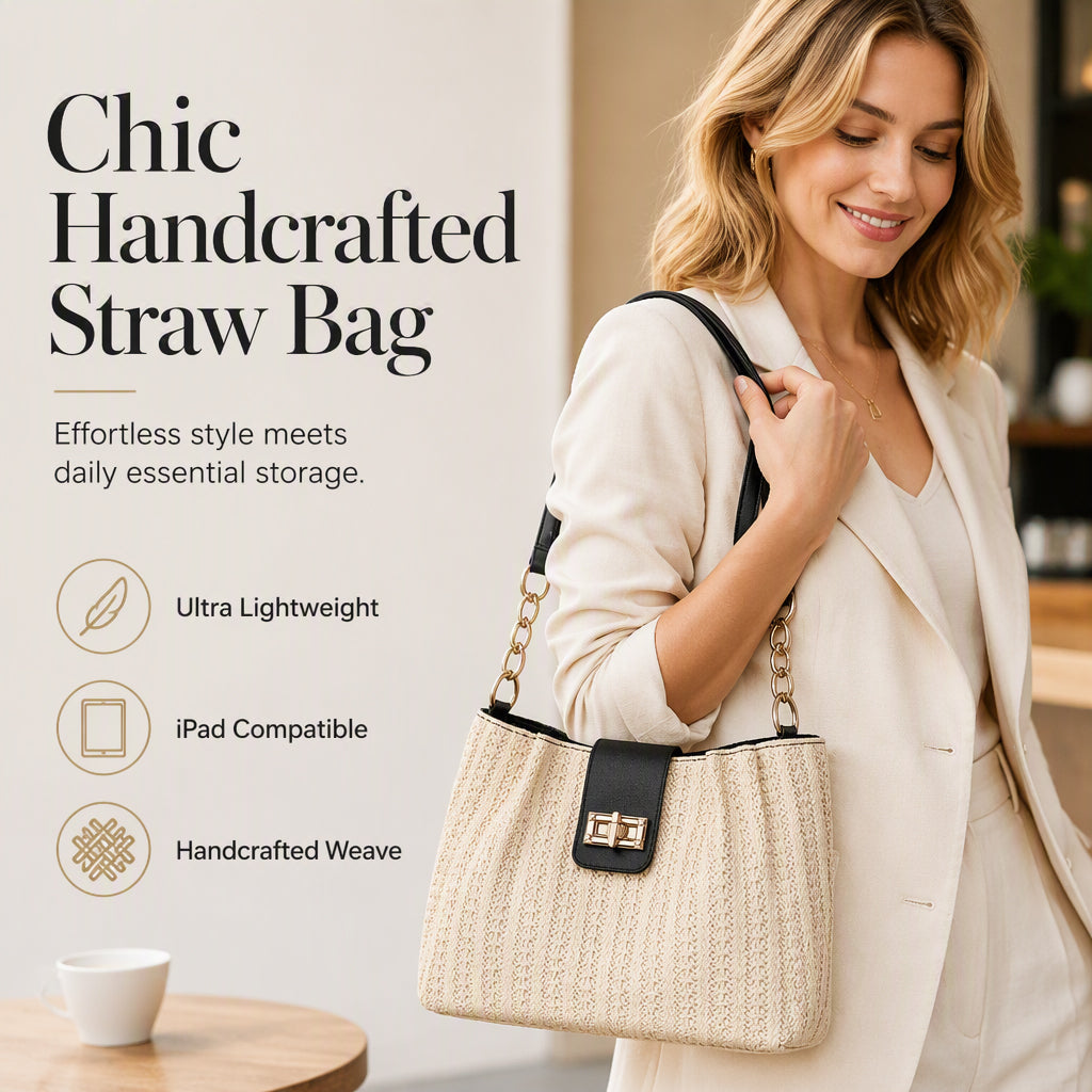 🌿 From Office to Beach – Spacious Woven Straw Shoulder Bag. Fits Laptop, Lunch & More. 50% Off. UK Stock