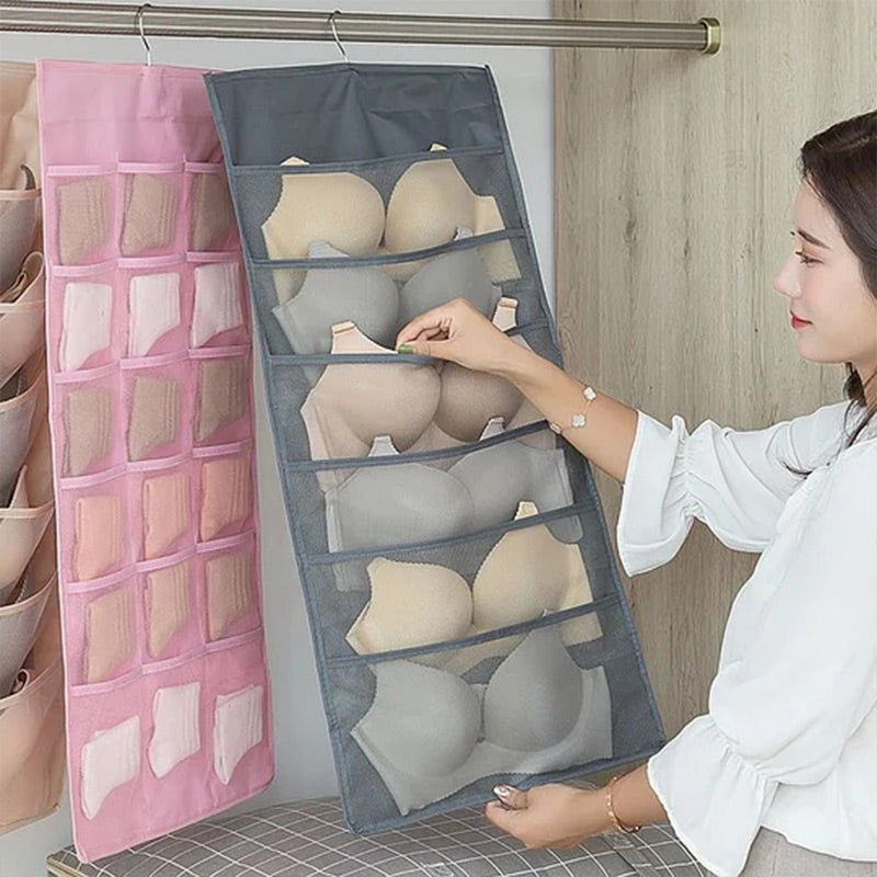 🧦 Double-Sided Hanging Storage Organizer – 24 Pockets, Breathable Fabric, Perfect for Underwear, Socks & Accessories 🏠