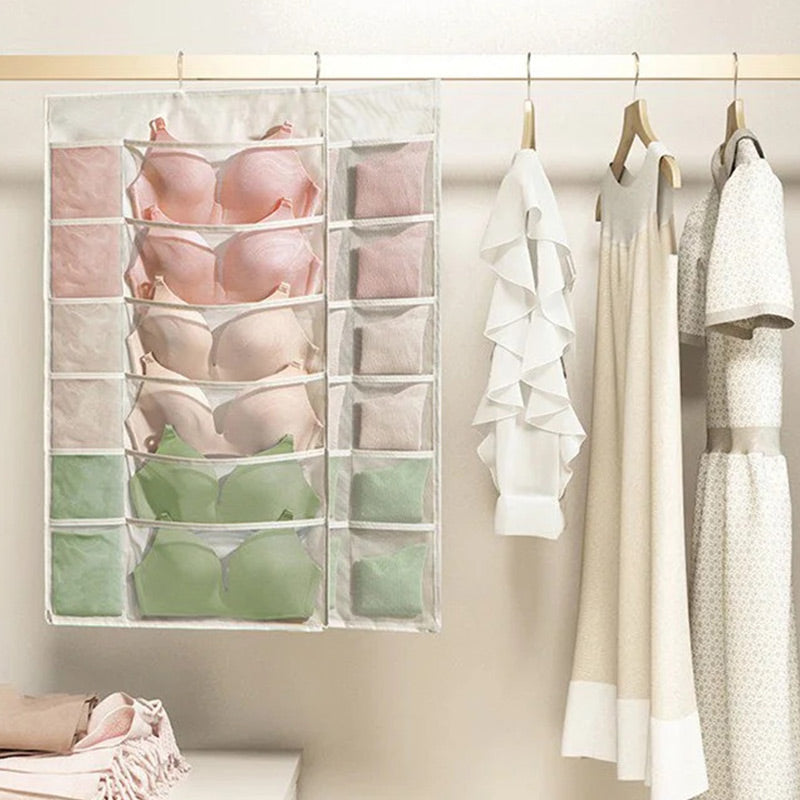 🧦 Double-Sided Hanging Storage Organizer – 24 Pockets, Breathable Fabric, Perfect for Underwear, Socks & Accessories 🏠