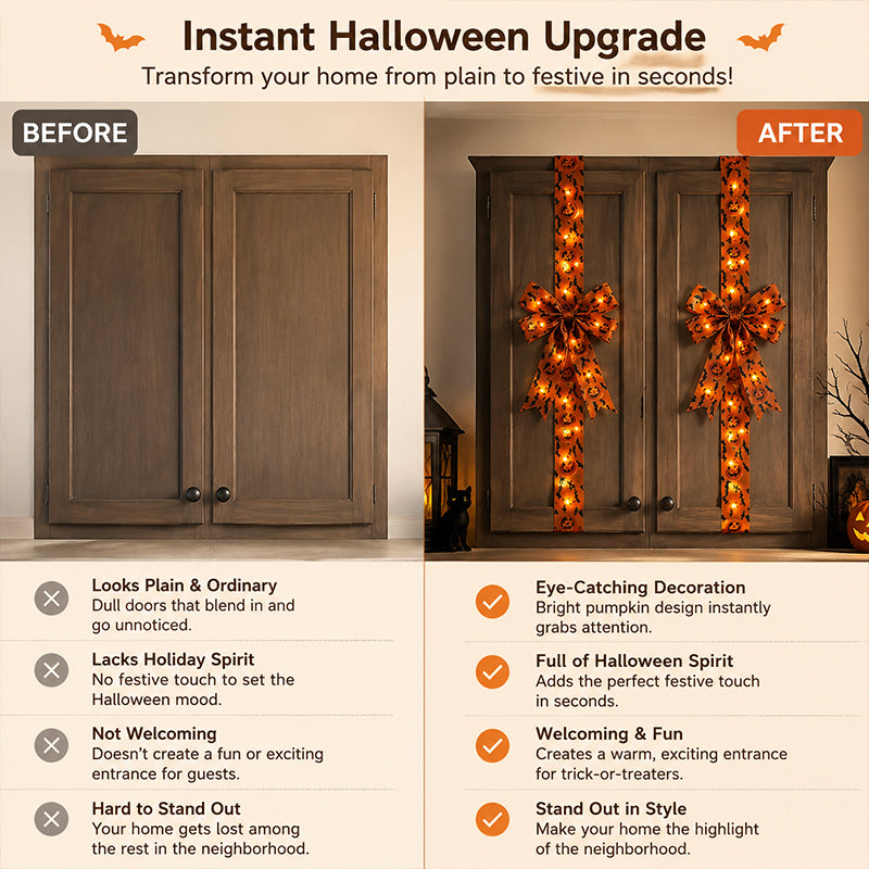 🎃✨ Limited Time Halloween Deal – LED Lighted Halloween Cabinet Bow Decoration | Glowing Pumpkin & Ghost Ribbon for Doors, Cabinets & Home Decor 👻