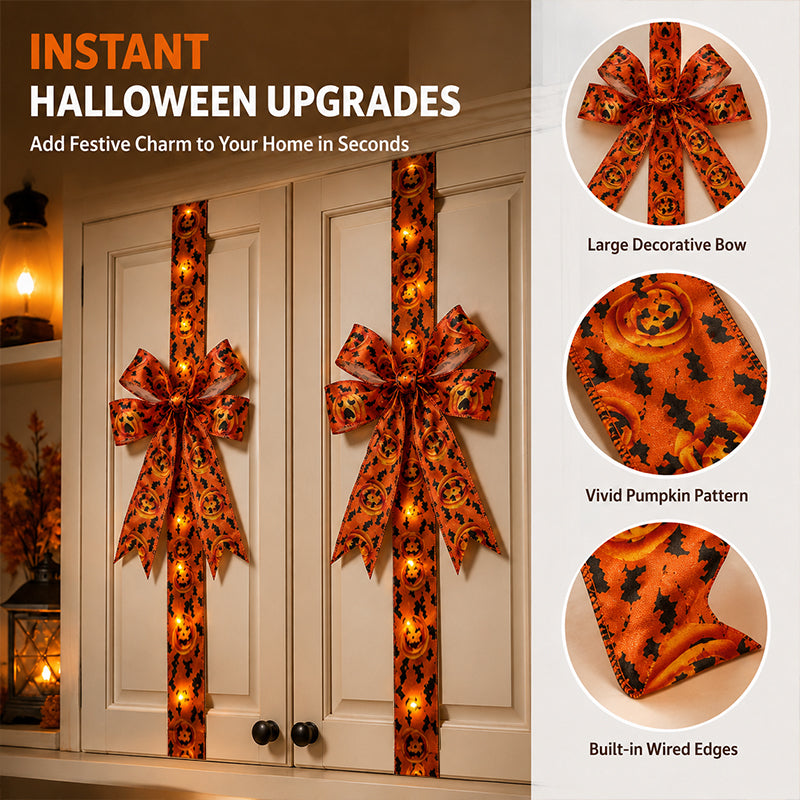 🎃✨ Limited Time Halloween Deal – LED Lighted Halloween Cabinet Bow Decoration | Glowing Pumpkin & Ghost Ribbon for Doors, Cabinets & Home Decor 👻
