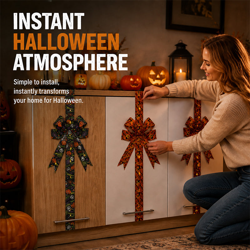 🎃✨ Limited Time Halloween Deal – LED Lighted Halloween Cabinet Bow Decoration | Glowing Pumpkin & Ghost Ribbon for Doors, Cabinets & Home Decor 👻