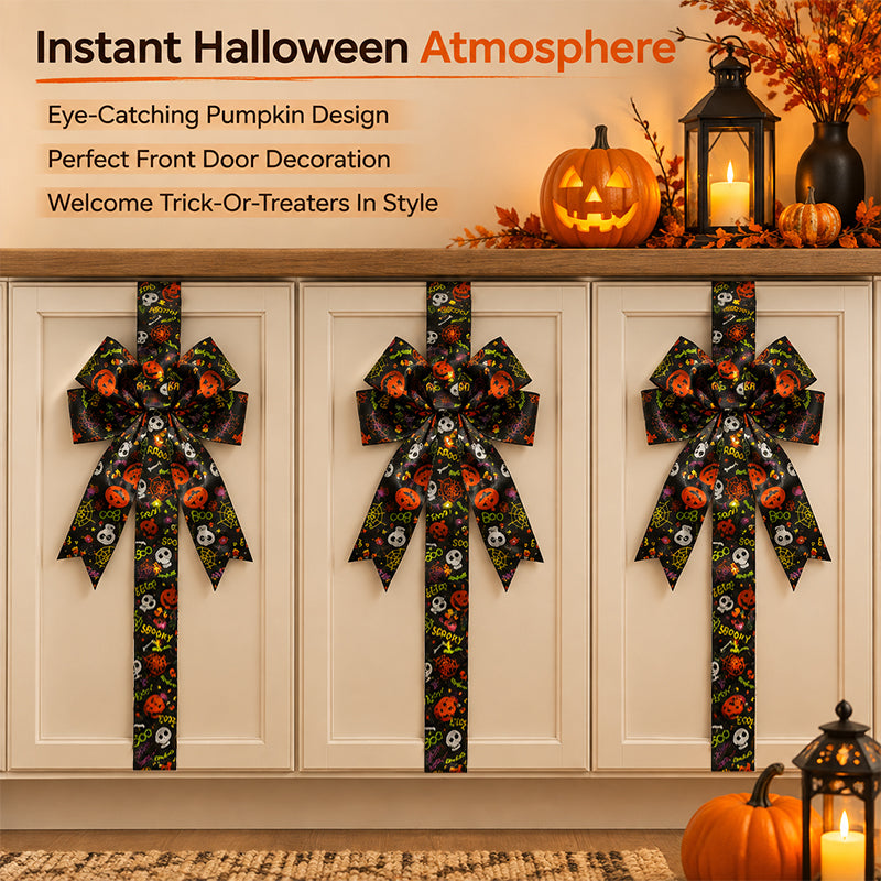 🎃✨ Limited Time Halloween Deal – LED Lighted Halloween Cabinet Bow Decoration | Glowing Pumpkin & Ghost Ribbon for Doors, Cabinets & Home Decor 👻