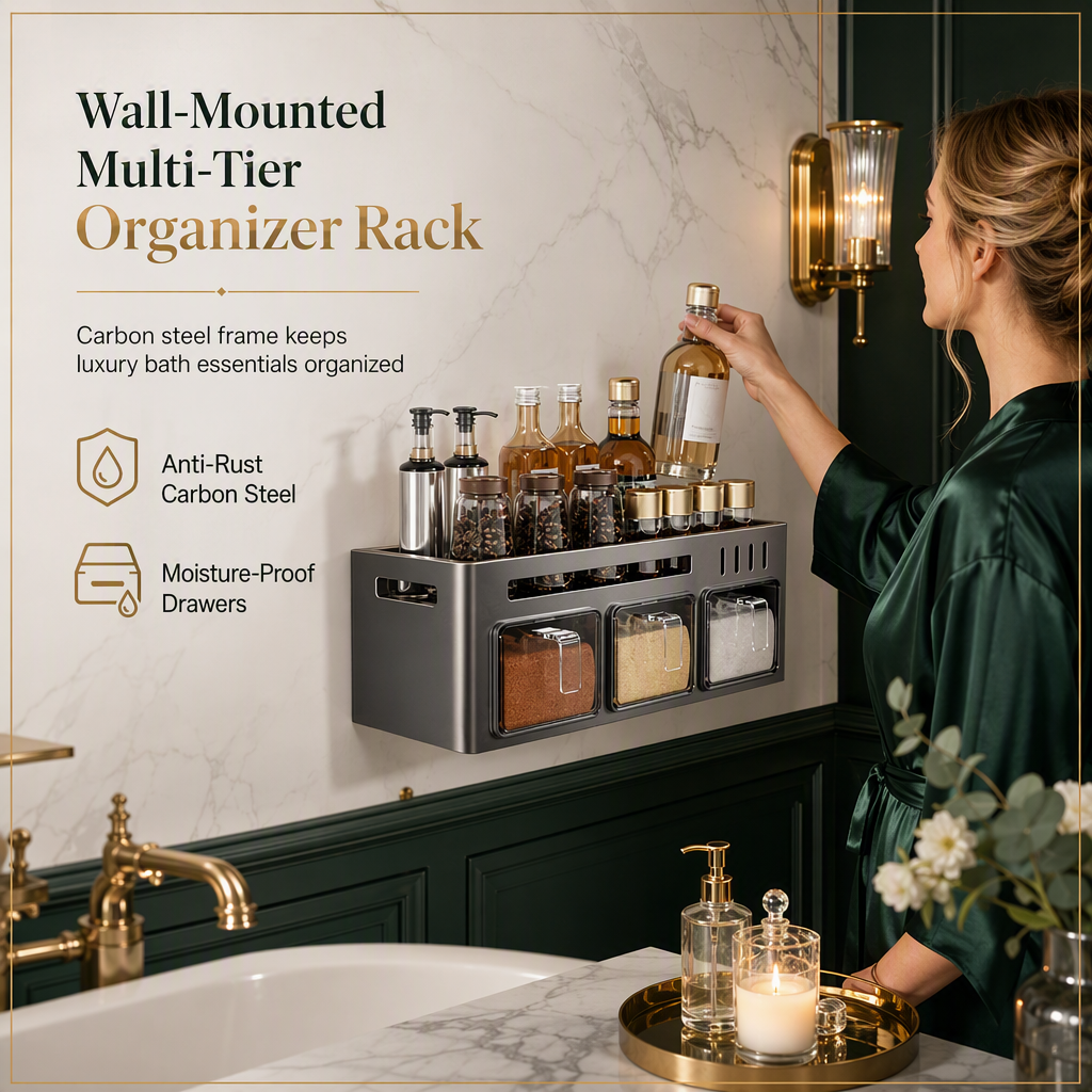⏳Limited-time 50% off⏰No-Drill Wall-Mounted Kitchen Spice Rack and Seasoning Organizer Box with Condiment Jars and Spoons🧂🏠