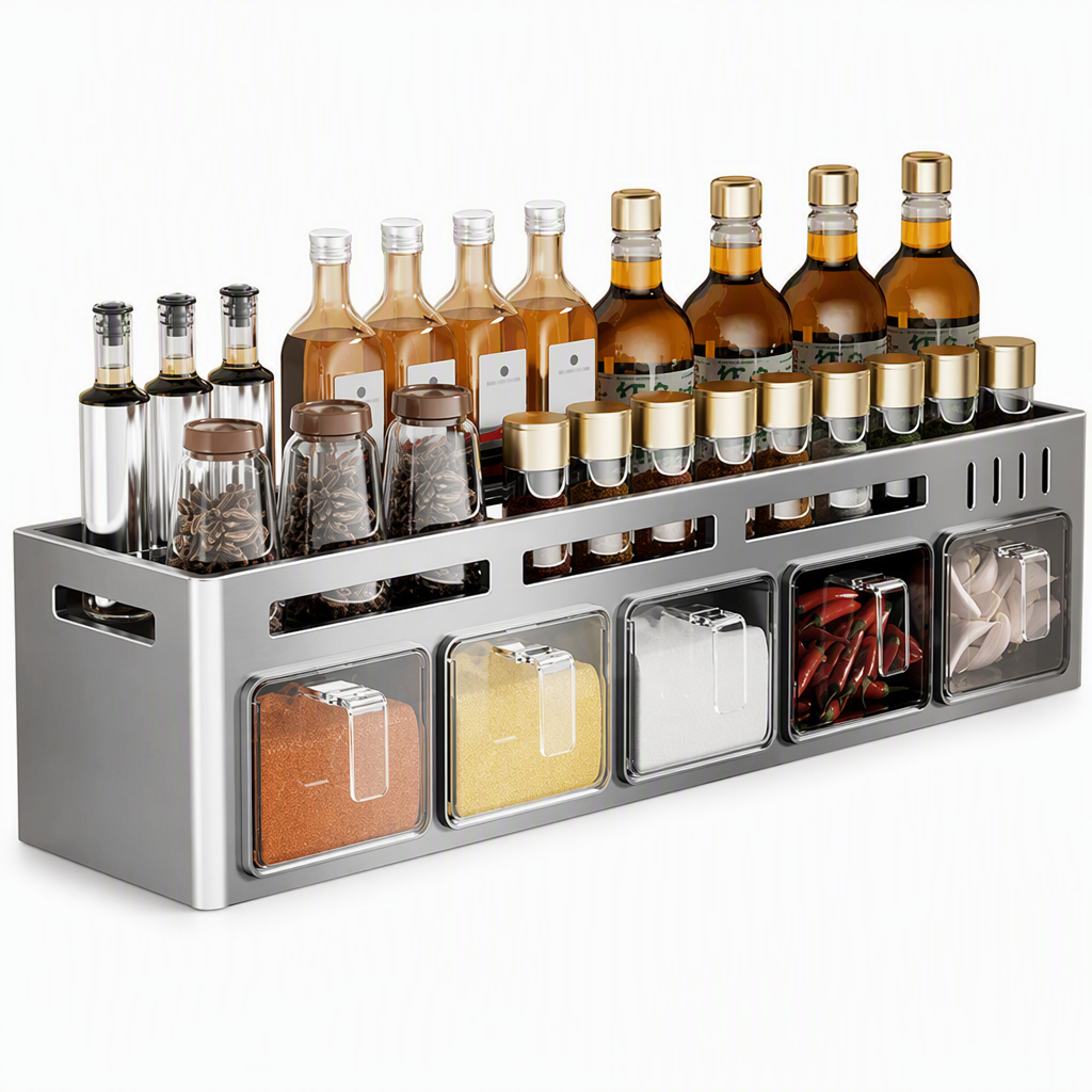 ⏳Limited-time 50% off⏰No-Drill Wall-Mounted Kitchen Spice Rack and Seasoning Organizer Box with Condiment Jars and Spoons🧂🏠