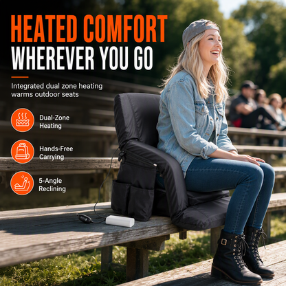 📢📢Limited Time on Sale！⏰ Heated Stadium Seat: Portable Foldable Chair with Backpack Straps, USB Heating, 5 Angles, Waterproof for Outdoor Events