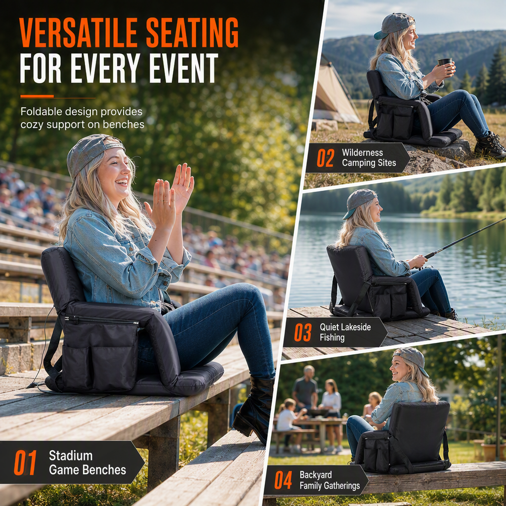 📢📢Limited Time on Sale！⏰ Heated Stadium Seat: Portable Foldable Chair with Backpack Straps, USB Heating, 5 Angles, Waterproof for Outdoor Events