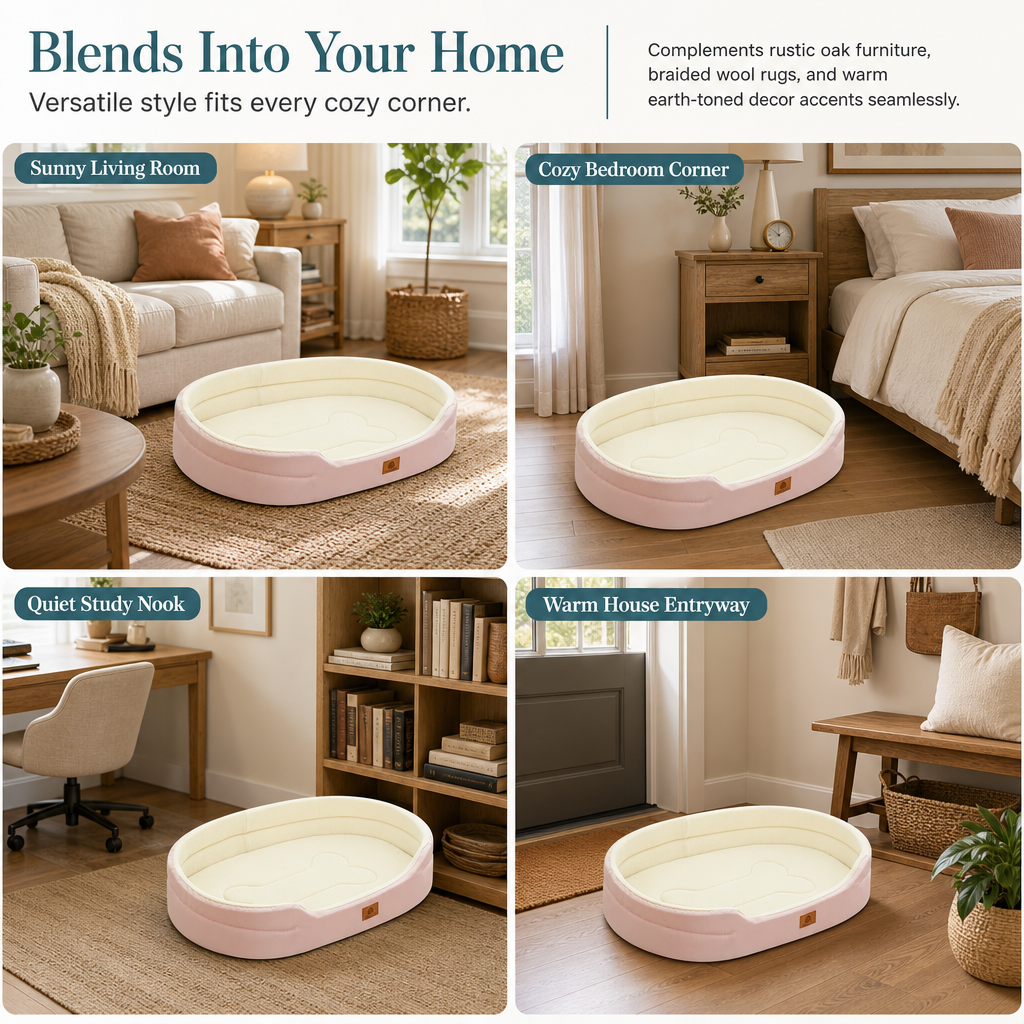 Detachable Oval Polar Fleece and Oxford Cloth Pet Bed with Moisture Proof Non Slip Bottom and Sponge Cushion for Dogs and Cats