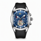 Men's Tonneau Quartz Chronograph Watch with Skeleton Flywheel Dial Moon Phase Calendar and Silicone Strap